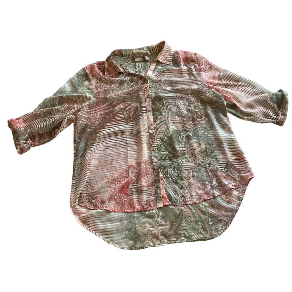 Chico's Sheer Paisley Stripe Button Down Shirt Womens 3 XL Green Pink